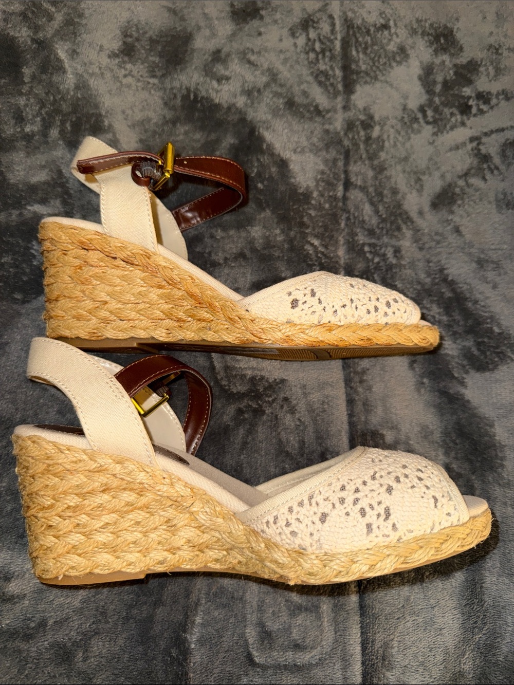 Chaps Cream Crochet Espadrille Wedges with Brown Ankle Strap - Picture 4 of 6